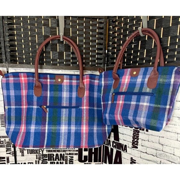 Woman Within Blue-Pink Plaid Flannel Faux Leather Handles 2 Piece Tote Set - Picture 3 of 7
